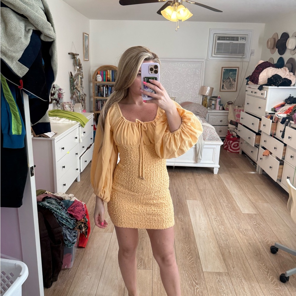 Free People Yellow Ruched Ribbed Mini Dress - Picture 1 of 6